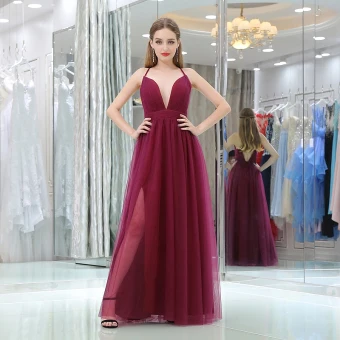Simple Bordeaux Robe De Soirée Princesse 2019 Bretelles Spaghetti Volants Sans Manches Dos Nu Fendue Devant Longue Robe De Ceremonie
