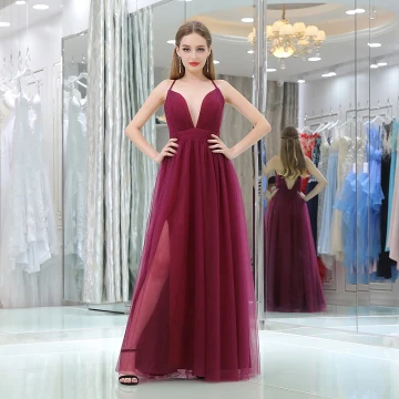 Simple Bordeaux Robe De Soirée Princesse 2019 Bretelles Spaghetti Volants Sans Manches Dos Nu Fendue Devant Longue Robe De Ceremonie