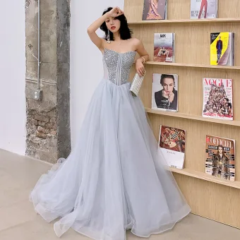 Charming Grey Prom Dresses 2019 A Line Princess Strapless Sequins Sleeveless Backless Sweep Train Formal Dresses