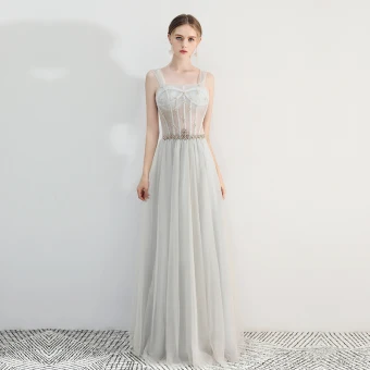 Chic Beautiful Grey Prom Dresses 2019 A Line Princess Square Neckline Beading Rhinestone Sleeveless Backless Floor Length Long Formal Dresses