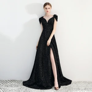 Charmant Noire Robe De Soirée 2019 Princesse Dentelle Encolure Carrée Perlage Paillettes Sans Manches Dos Nu Fendue Devant Tribunal Train Robe De Ceremonie