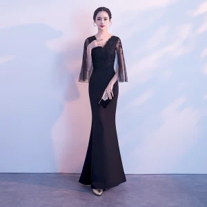 Classy Solid Color Black Evening Dresses 2019 Trumpet Mermaid V Neck Lace Flower 3 4 Sleeve Backless Floor Length Long Formal Dresses