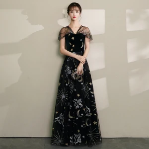 Moderne Mode Noire Robe De Soirée 2019 Princesse V Cou En Dentelle Étoile Daim Mancherons Dos Nu Longue Robe De Ceremonie