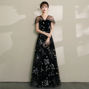 Modern Fashion Black Evening Dresses 2019 A Line Princess V Neck Lace Star Suede Cap Sleeves Backless Floor Length Long Formal Dresses