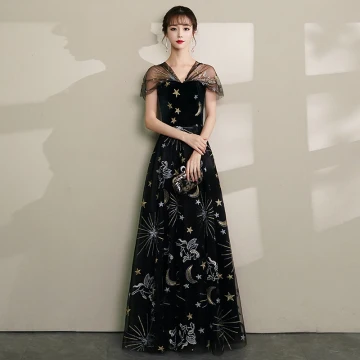 Moderne Mode Noire Robe De Soirée 2019 Princesse V Cou En Dentelle Étoile Daim Mancherons Dos Nu Longue Robe De Ceremonie