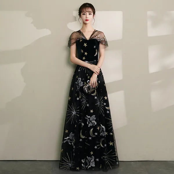 Modern / Fashion Black Evening Dresses  2019 A-Line / Princess V-Neck Lace Star Suede Cap Sleeves Backless Floor-Length / Long Formal Dresses