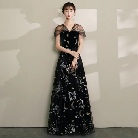 Modern / Fashion Black Evening Dresses  2019 A-Line / Princess V-Neck Lace Star Suede Cap Sleeves Backless Floor-Length / Long Formal Dresses