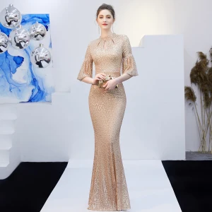 Sparkly Solid Color Champagne Evening Dresses 2019 Trumpet Mermaid Scoop Neck Sequins Sash 3 4 Sleeve Floor Length Long Formal Dresses