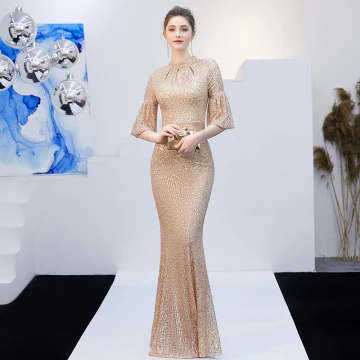 Sparkly Solid Color Champagne Evening Dresses 2019 Trumpet Mermaid Scoop Neck Sequins Sash 3 4 Sleeve Floor Length Long Formal Dresses