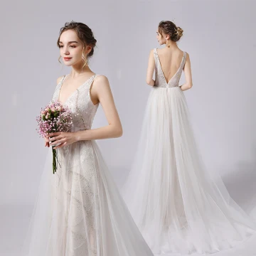 Modern Fashion Ivory Wedding Dresses 2021 A Line Princess Beading Pearl Sequins Lace Flower Deep V Neck Sleeveless Backless Sweep Train Wedding