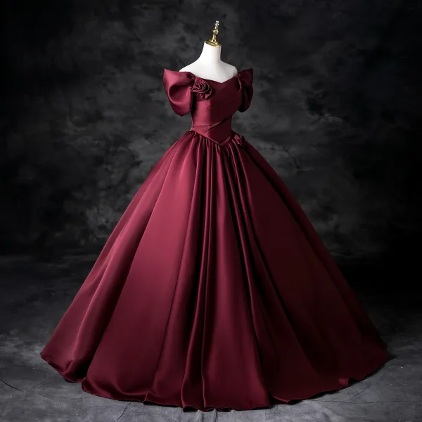 Elegant Burgundy Ball Gown Prom Dresses 2025 Off-The-Shoulder Short Sleeve Backless Floor-Length / Long Prom Formal Dresses
