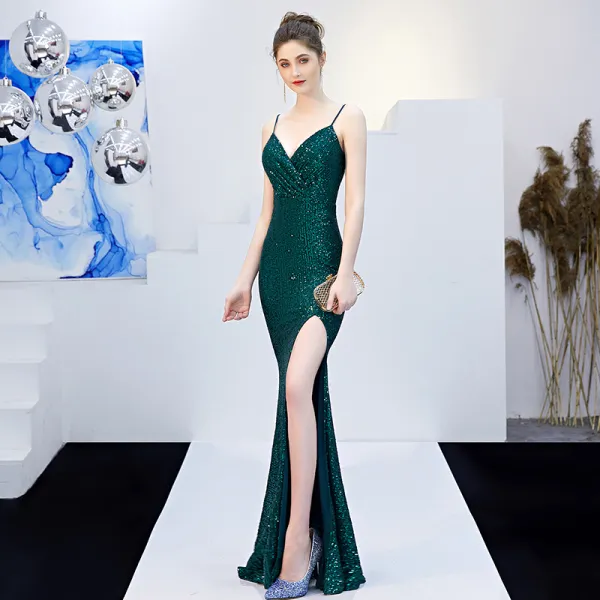 Sparkly Solid Color Dark Green Evening Dresses  2019 Trumpet / Mermaid Spaghetti Straps Sequins Sash Sleeveless Backless Split Front Floor-Length / Long Formal Dresses
