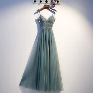 Chic Belle Vert Robe De Soirée 2019 Princesse Bretelles Spaghetti Perlage Paillettes Faux Diamant Sans Manches Dos Nu Longue Robe De Ceremonie