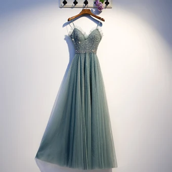 Chic Belle Vert Robe De Soirée 2019 Princesse Bretelles Spaghetti Perlage Paillettes Faux Diamant Sans Manches Dos Nu Longue Robe De Ceremonie