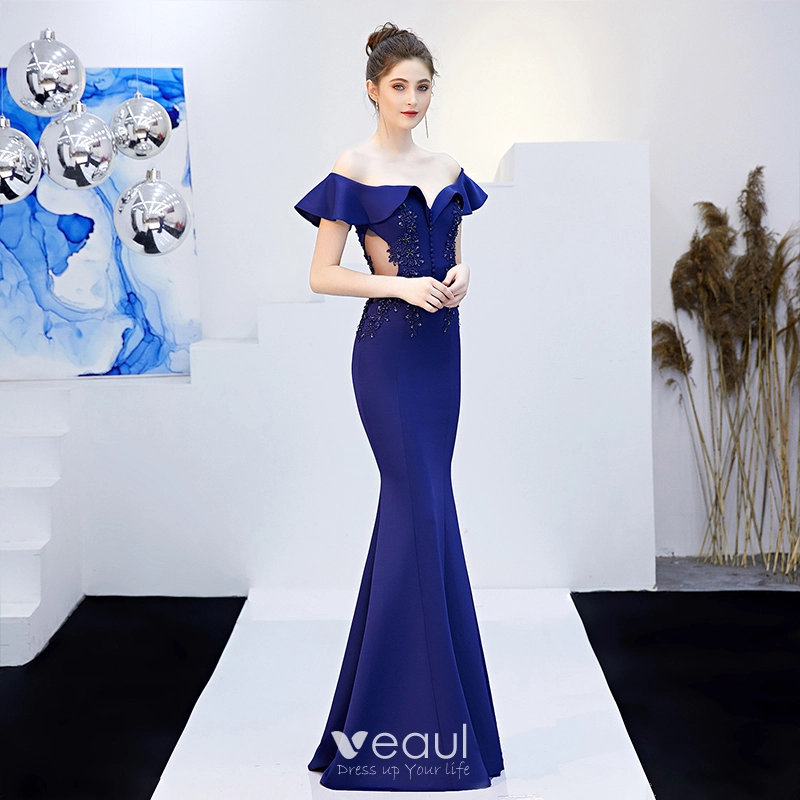 Charming Solid Color Navy Blue Evening Dresses 2019 Trumpet Mermaid Off The Shoulder Beading Sequins Lace Flower Short Sleeve Backless Floor Length Long Formal Dresses
