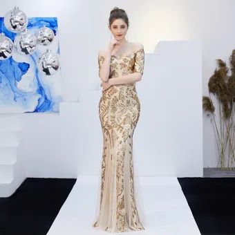 Scintillantes Champagne Robe De Soirée 2019 Trompette Sirène De L 039 Épaule Paillettes Manches Courtes Dos Nu Longue Robe De Ceremonie