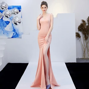 Charming Pearl Pink Evening Dresses 2019 Trumpet Mermaid V Neck Sleeveless Backless Split Front Sweep Train Formal Dresses