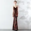 Charming Burgundy Evening Dresses  2019 Trumpet / Mermaid Spaghetti Straps Sequins Sleeveless Backless Floor-Length / Long Formal Dresses