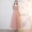 Chic / Beautiful Nude Prom Dresses 2018 A-Line / Princess Lace Appliques Pearl Rhinestone Off-The-Shoulder Backless Sleeveless Ankle Length Formal Dresses