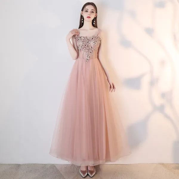 Chic / Beautiful Nude Prom Dresses 2018 A-Line / Princess Lace Appliques Pearl Rhinestone Off-The-Shoulder Backless Sleeveless Ankle Length Formal Dresses