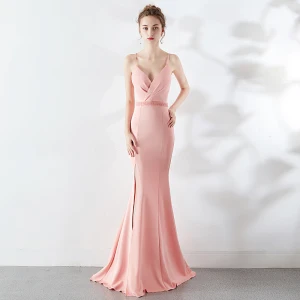 Modest Simple Blushing Pink Evening Dresses 2019 Trumpet Mermaid Spaghetti Straps Sleeveless Backless Split Front Sweep Train Formal Dresses