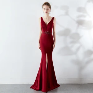 Chic Beautiful Solid Color Burgundy Evening Dresses 2019 Trumpet Mermaid V Neck Beading Bow Sleeveless Backless Sweep Train Formal Dresses