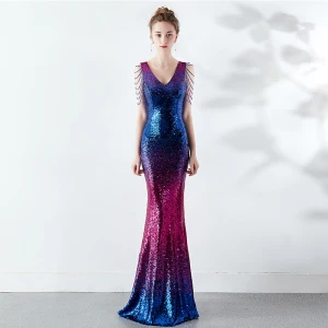 Sparkly Gradient Farge Selskapskjoler 2019 Trompet Havfrue V Hals Beading Krystall Paljetter Uten Ermer Ryggløse Lange Formelle Kjoler