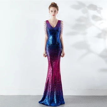 Scintillantes Dégradé De Couleur Robe De Soirée 2019 Trompette Sirène V Cou Perlage Cristal Paillettes Sans Manches Dos Nu Longue Robe De Ceremonie