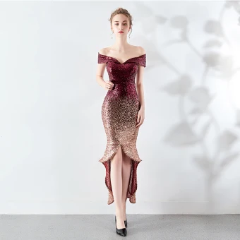 Scintillantes Bordeaux Robe De Soirée 2019 De L 039 Épaule Paillettes Manches Courtes Dos Nu Asymétrique Robe De Ceremonie