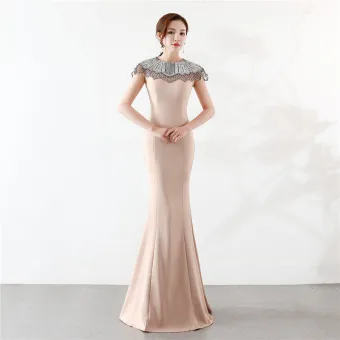 Elegant Champagne Evening Dresses 2019 Trumpet Mermaid Scoop Neck Beading Pearl Rhinestone Sleeveless Floor Length Long Formal Dresses