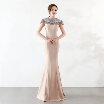 Elegant Champagne Selskapskjoler 2019 Trompet Havfrue Scoop Halsen Beading Perle Rhinestone Uten Ermer Lange Formelle Kjoler