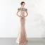 Élégant Champagne Robe De Soirée 2019 Trompette / Sirène Encolure Dégagée Perlage Perle Faux Diamant Sans Manches Longue Robe De Ceremonie