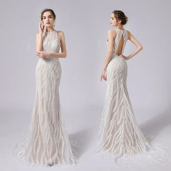 Sexy Champagne En Dentelle Fleur Robe De Mariée 2021 Trompette Sirène Encolure Dégagée Sans Manches Dos Nu Train De Balayage Mariage
