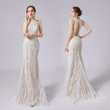 Sexy Champagne Lace Flower Wedding Dresses 2021 Trumpet Mermaid Scoop Neck Sleeveless Backless Sweep Train Wedding