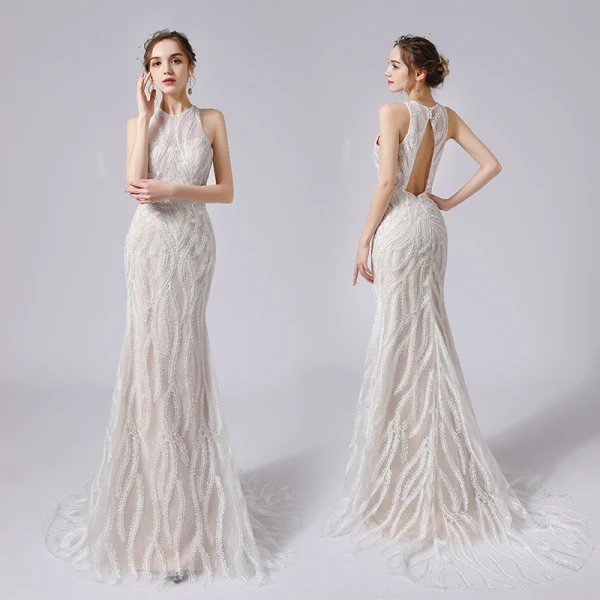 Sexy Champagne Lace Flower Wedding Dresses 2021 Trumpet / Mermaid Scoop Neck Sleeveless Backless Sweep Train Wedding