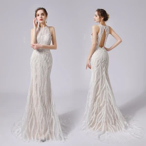 Sexy Champagner Spitze Blumen Brautkleider Hochzeitskleider 2021 Meerjungfrau Rundhalsausschnitt Ärmellos Rückenfreies Sweep Pinsel Zug Hochzeit