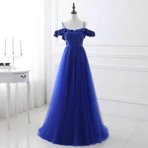 Chic Belle Bleu Roi Robe De Soirée 2018 Princesse Perlage Paillettes Ceinture Bretelles Spaghetti Dos Nu Sans Manches Train De Balayage Robe De Ceremonie