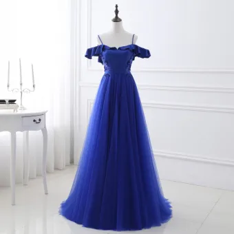 Chic Belle Bleu Roi Robe De Soirée 2018 Princesse Perlage Paillettes Ceinture Bretelles Spaghetti Dos Nu Sans Manches Train De Balayage Robe De Ceremonie