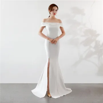 Chic Beautiful Solid Color Ivory Evening Dresses 2019 Trumpet Mermaid Off The Shoulder Rhinestone Lace Flower Short Sleeve Backless Split Front Floor Length Long Formal Dresses