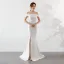 Chic / Belle Couleur Unie Ivoire Robe De Soirée 2019 Trompette / Sirène De l'épaule Faux Diamant En Dentelle Fleur Manches Courtes Dos Nu Fendue devant Longue Robe De Ceremonie
