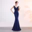 Chic / Belle Bleu Marine Robe De Soirée 2019 Trompette / Sirène V-Cou Perlage Cristal Sans Manches Dos Nu Longue Robe De Ceremonie
