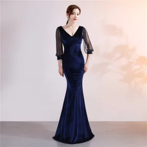 Classy Solid Color Navy Blue Evening Dresses 2019 Trumpet Mermaid Suede V Neck Beading Tassel 3 4 Sleeve Floor Length Long Formal Dresses