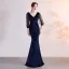 Chic Couleur Unie Bleu Marine Robe De Soirée 2019 Trompette / Sirène Daim V-Cou Perlage Gland 3/4 Manches Longue Robe De Ceremonie