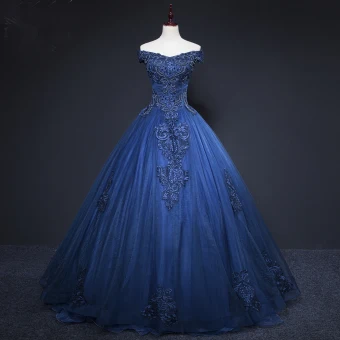 Vintage Originale Bleu Marine Robe De Bal 2019 Princesse De L Épaule Perlage Cristal En Dentelle Fleur Sans Manches Dos Nu Longue Robe De Ceremonie