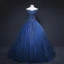 Vintage / Retro Navy Blue Prom Dresses 2019 A-Line / Princess Off-The-Shoulder Beading Crystal Lace Flower Sleeveless Backless Floor-Length / Long Formal Dresses