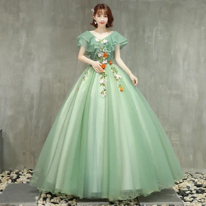 Chic Beautiful Sage Green Prom Dresses 2019 Ball Gown V Neck Lace Flower Short Sleeve Backless Floor Length Long Formal Dresses
