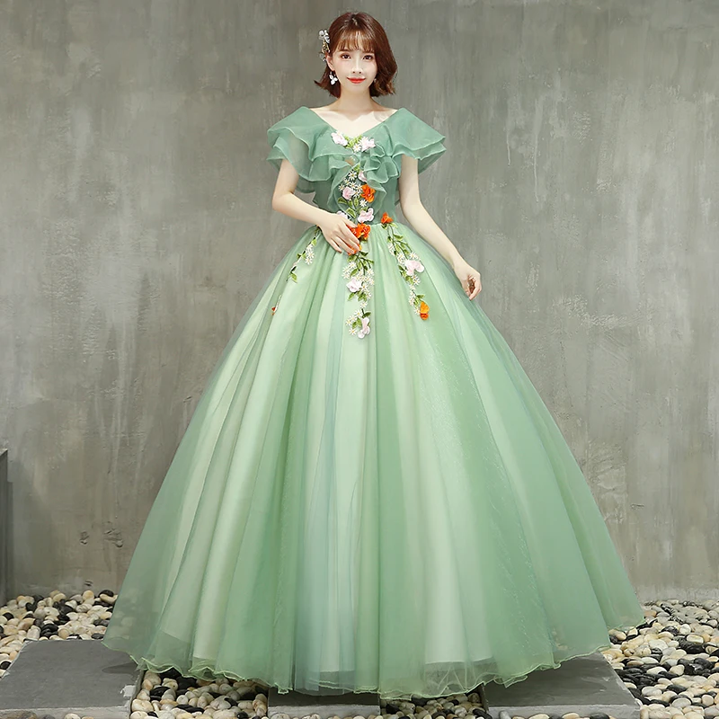 Chic Beautiful Sage Green Prom Dresses 2019 Ball Gown V-Neck Lace Flower Short Sleeve