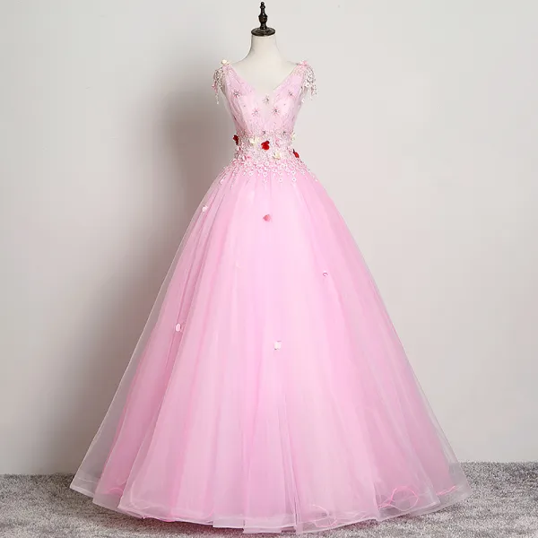 Elegant Candy Pink Prom Dresses 2019 A-Line / Princess V-Neck Flower Beading Lace Appliques Sleeveless Backless Floor-Length / Long Formal Dresses