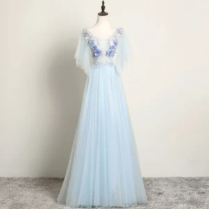 Chic Belle Bleu Ciel Robe De Soirée 2019 Princesse V Cou Perle Faux Diamant En Dentelle Fleur Manches Courtes Dos Nu Longue Robe De Ceremonie