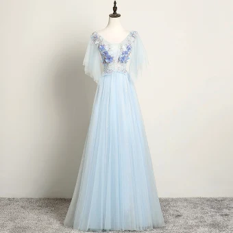 Chic Belle Bleu Ciel Robe De Soirée 2019 Princesse V Cou Perle Faux Diamant En Dentelle Fleur Manches Courtes Dos Nu Longue Robe De Ceremonie